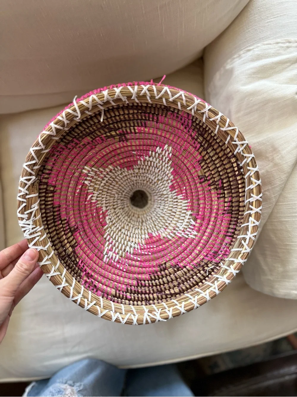traditional African handwoven lidded basket pink brown and white EUC
